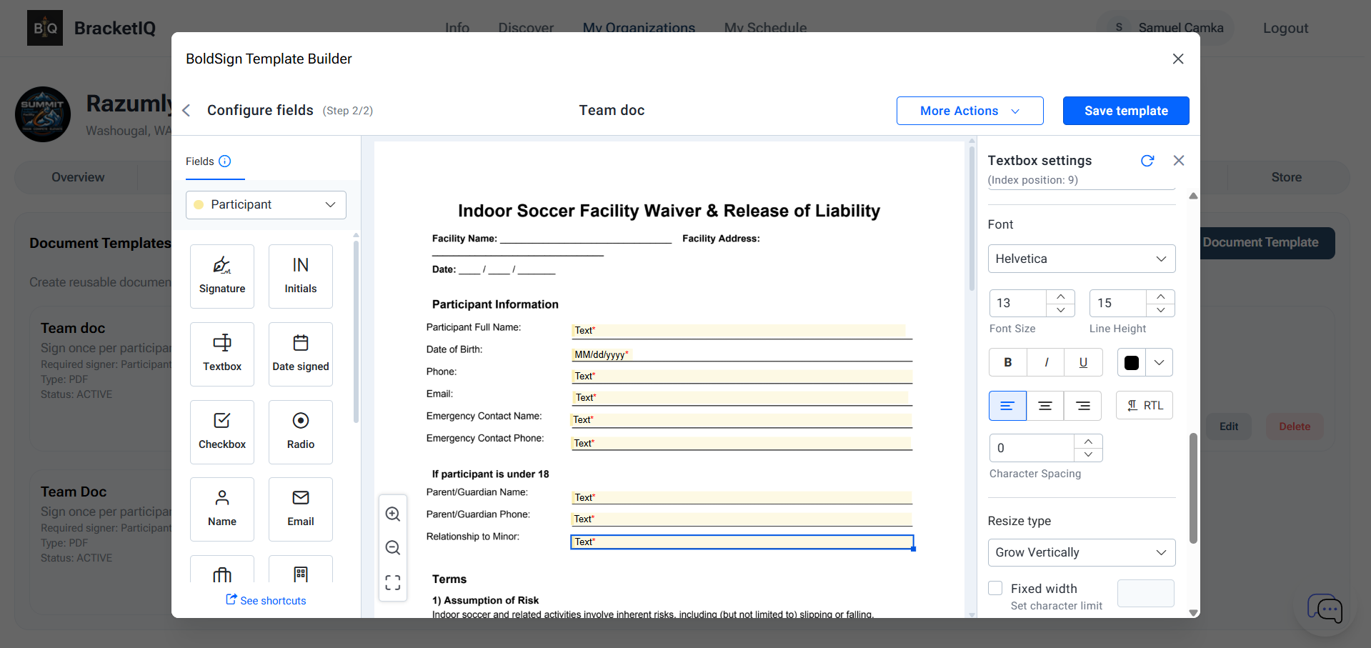 Web signable document creation screen