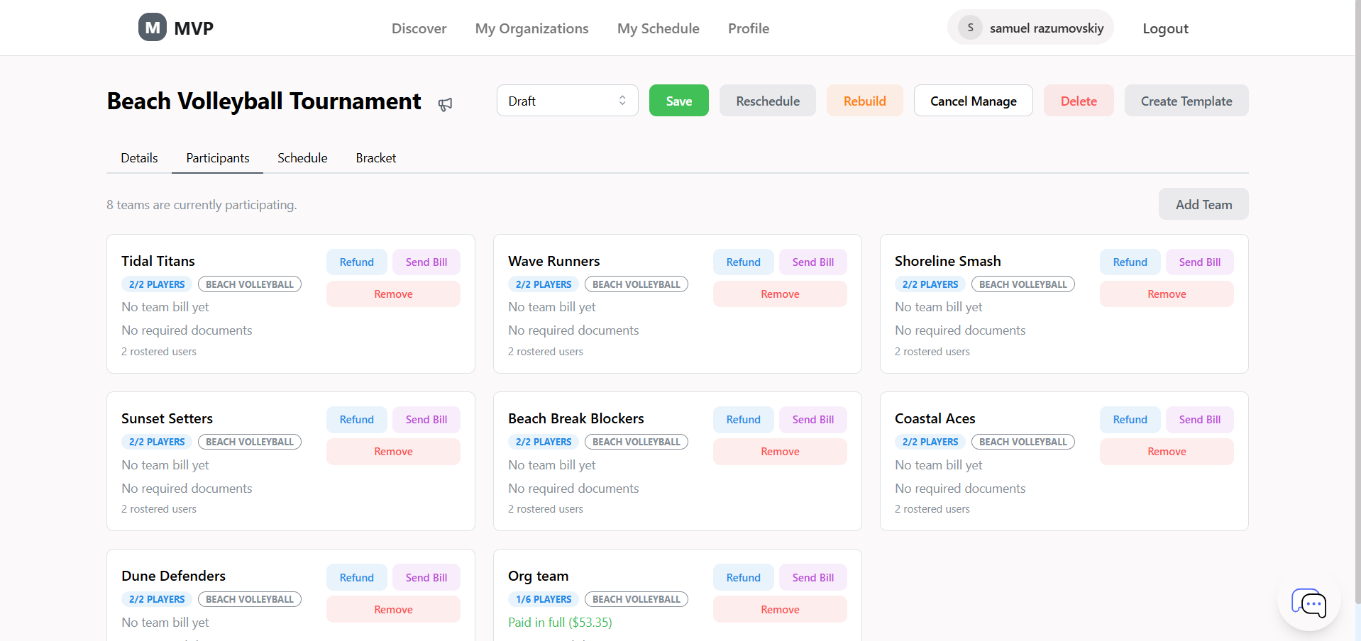 Web team management and roster view